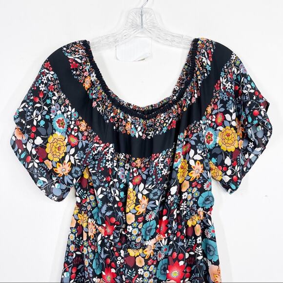 LOFT Black Floral Print Striped Off the Shoulder Dress Sz. Small Petite SP - Picture 5 of 8